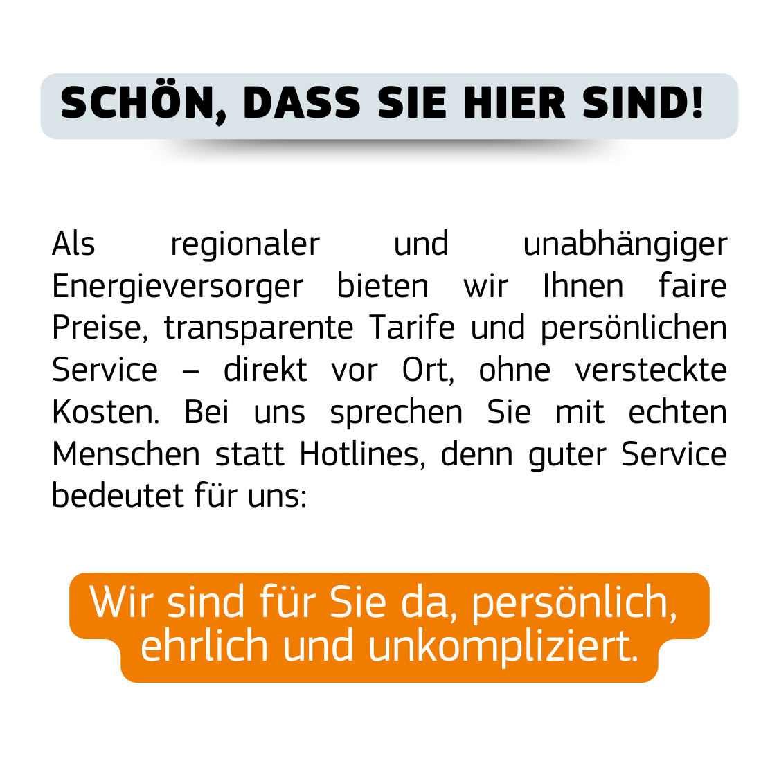Schriftgrafik: ‚Schön, dass Sie hier sind. Als regionaler und unabhängiger Energieversorger bieten wir faire Preise, transparente Tarife und persönlichen Service – direkt vor Ort, ohne versteckte Kosten. Bei uns sprechen Sie mit echten Menschen statt Hotlines. Guter Service bedeutet für uns: wir sind für Sie da – persönlich, ehrlich und unkompliziert.